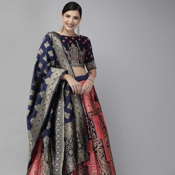 https://www.trendingfits.com/products/pink-navy-blue-woven-design-semi-stitched-lehenga-unstitched-blouse-with-dupatta