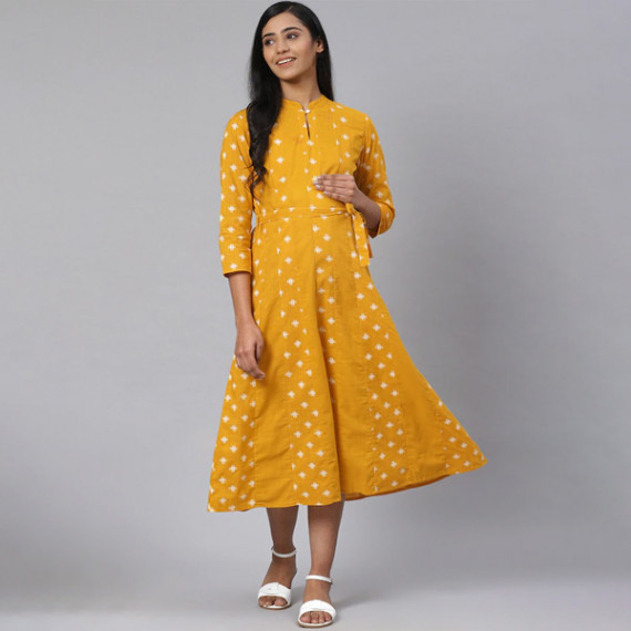 https://www.trendingfits.com/products/women-mustard-yellow-off-white-printed-pure-cotton-maternity-a-line-dress